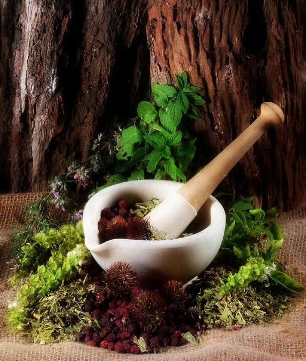 Mortar with herbs to increase male potency